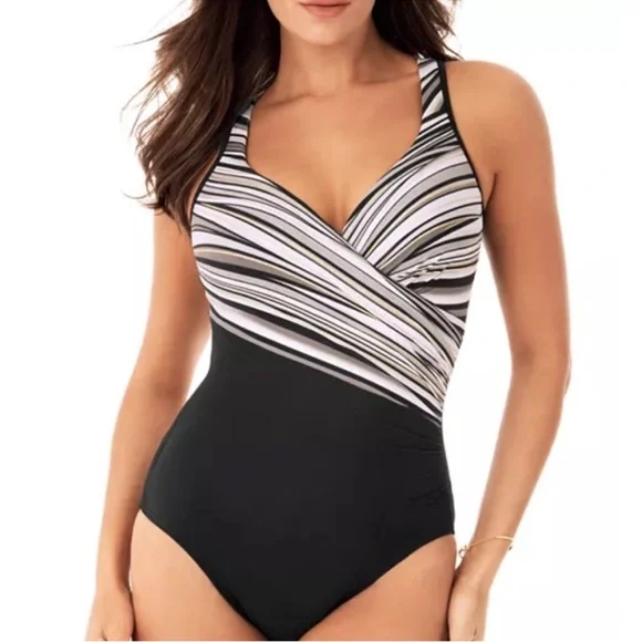 NEW Miraclesuit One Piece Swimsuit Shimmering Sands Black White Size 12